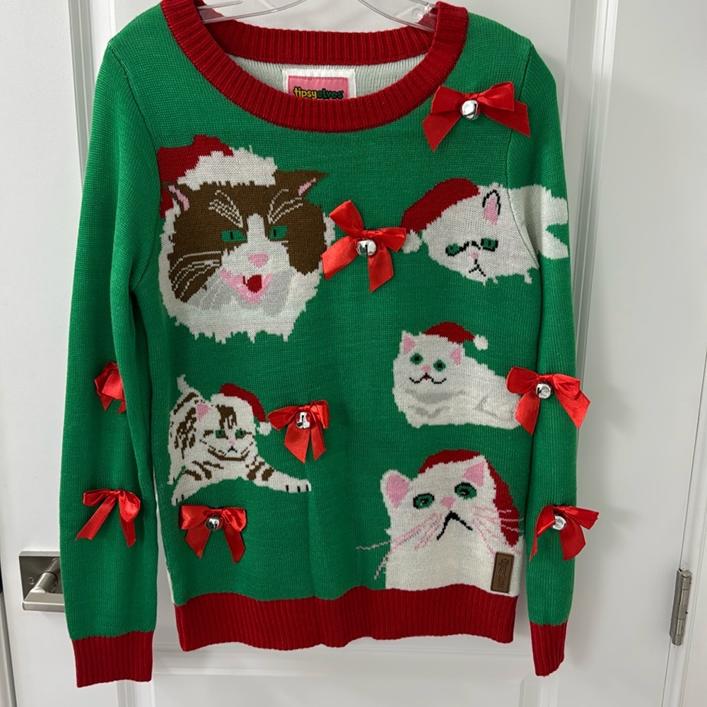 Tipsy Elves Christmas Ugly Sweater Crazy Cat Lady with Bells